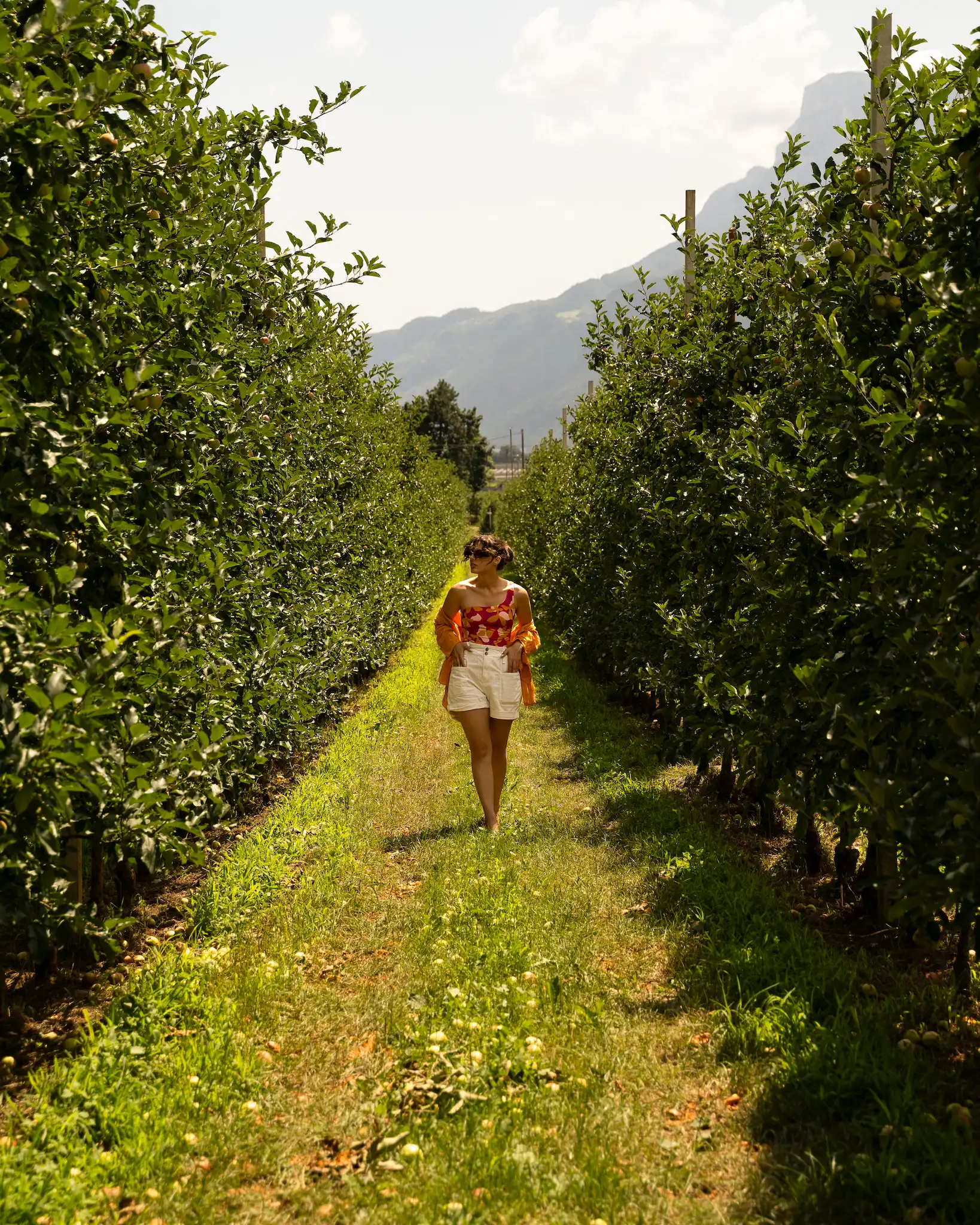 A woman visiting the apple's orchard in Theiner's Garten